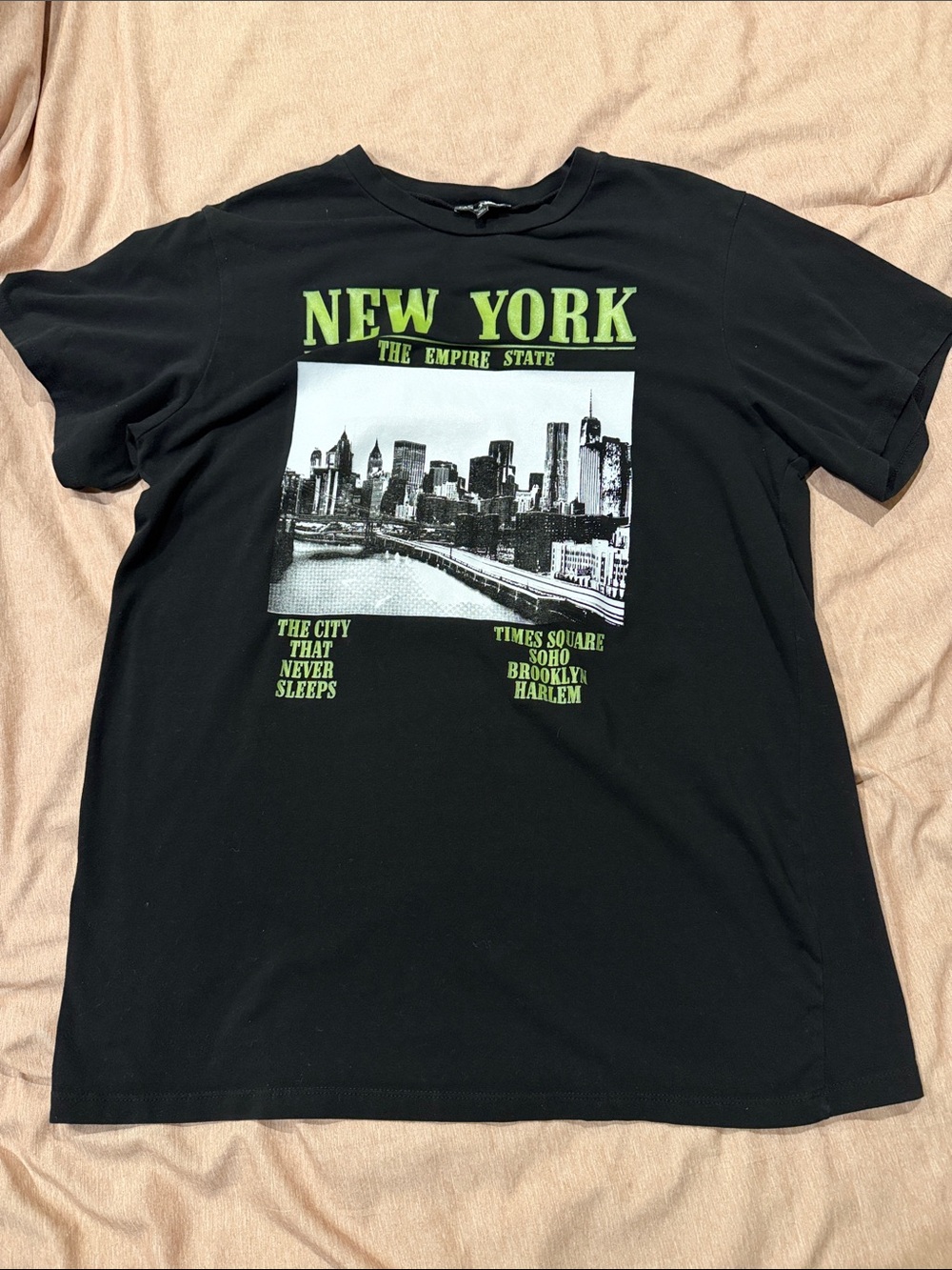 Fashion Nova Black Tee with Neon Green New York Graphic